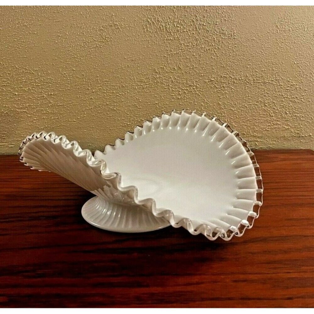Vintage Fenton Silver Crest Milk Glass Banana Bowl Scallop Footed Artesian White